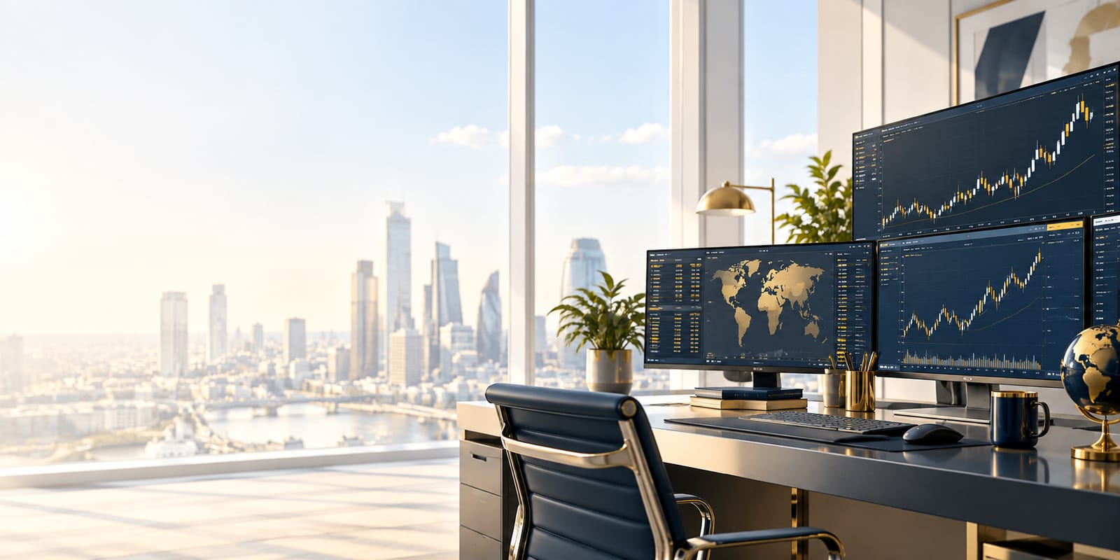 A bright trading desk with three monitors showing market charts, in front of a window over a city skyline