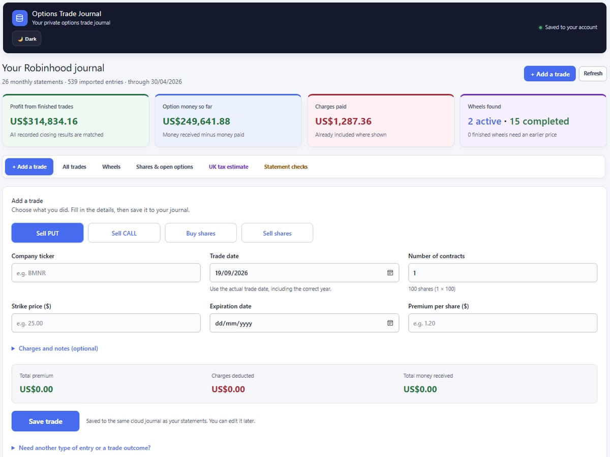 Screenshot of the Options Trade Journal